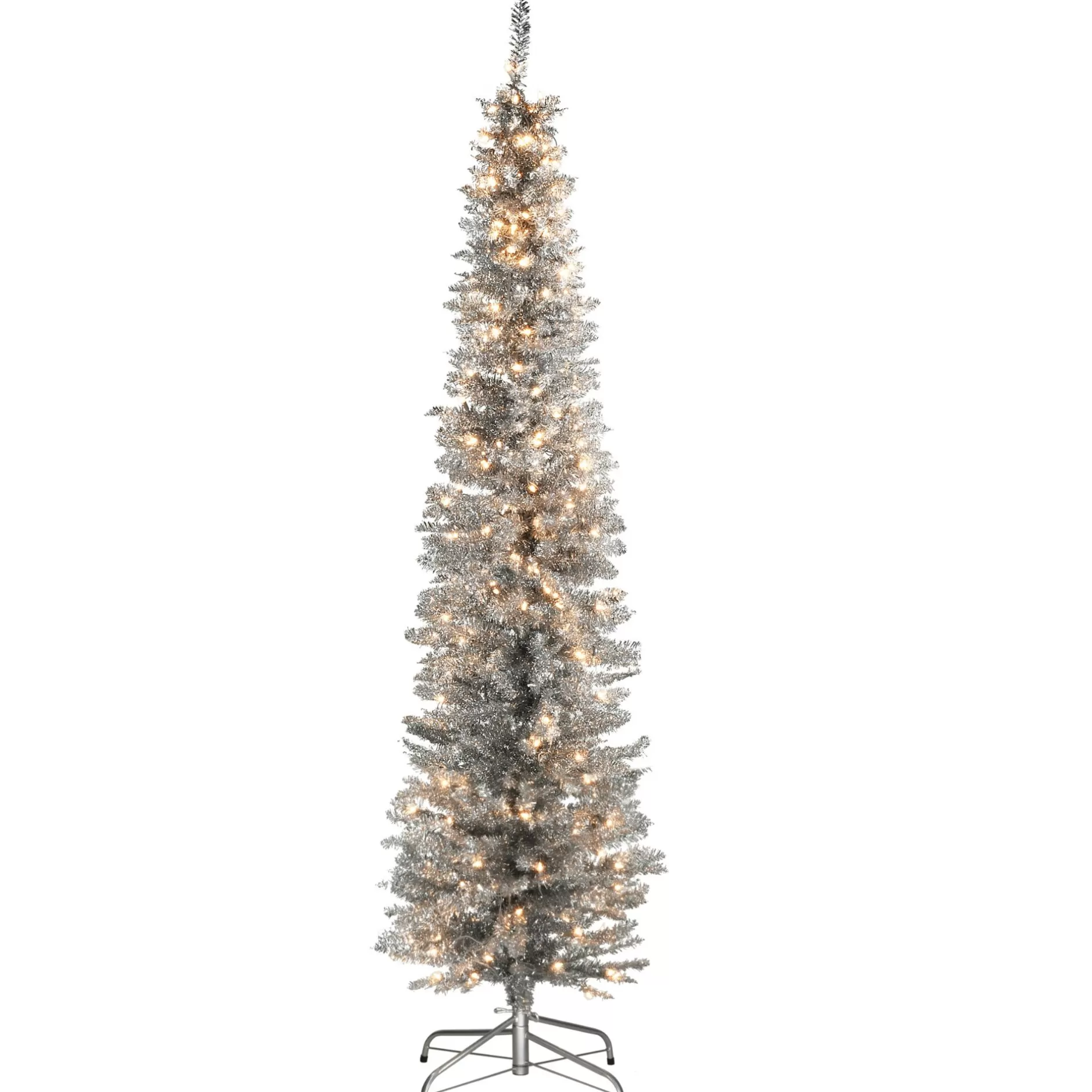 Fashion 6' Pre-Lit Pencil Silver Tinsel Artificial Christmas Tree - Clear Lights Pre-Lit