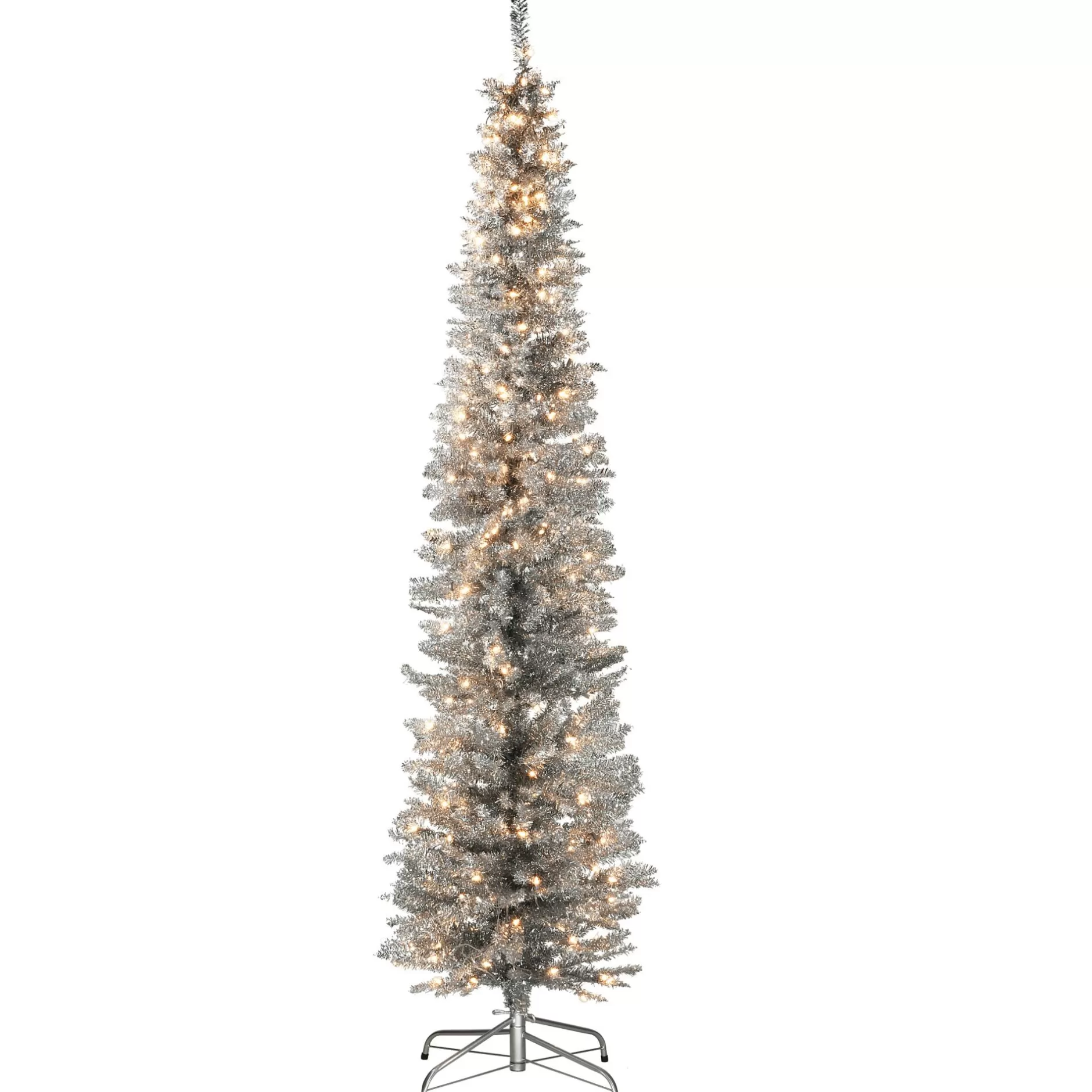 New 7' Pre-Lit Pencil Silver Tinsel Artificial Christmas Tree, Clear Lights Colorful