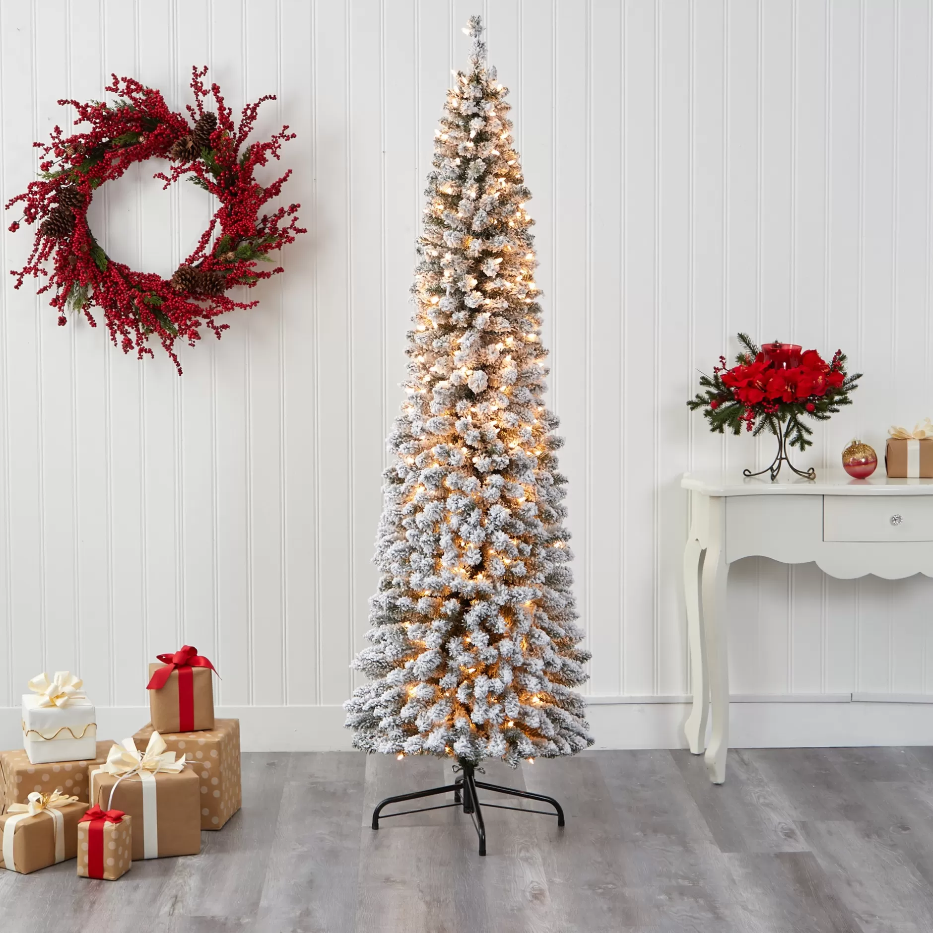 Hot 7' Pre-Lit Pencil Slim Flocked Artificial Christmas Tree, Warm Clear Led Lights Pre-Lit