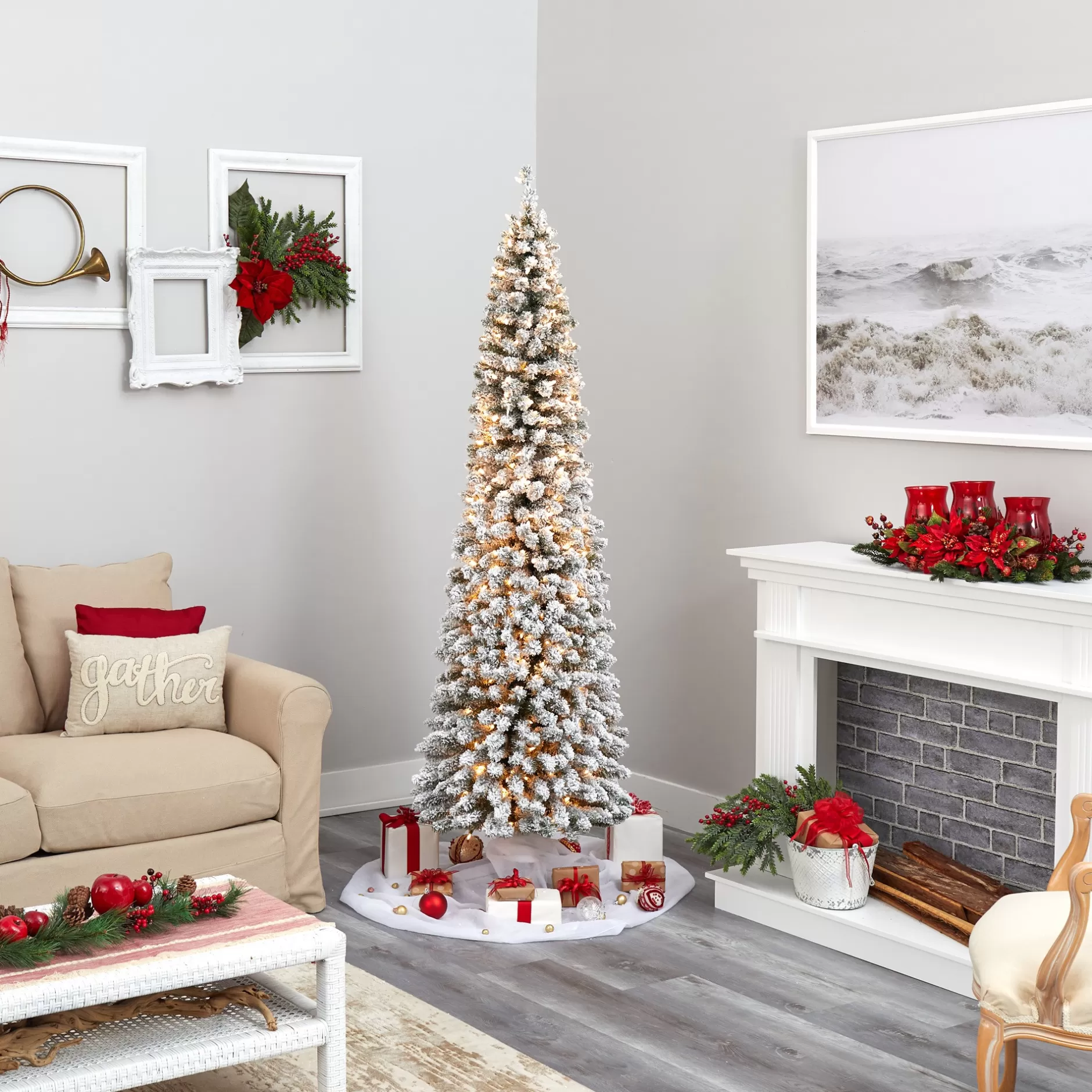 Hot 7' Pre-Lit Pencil Slim Flocked Artificial Christmas Tree, Warm Clear Led Lights Pre-Lit