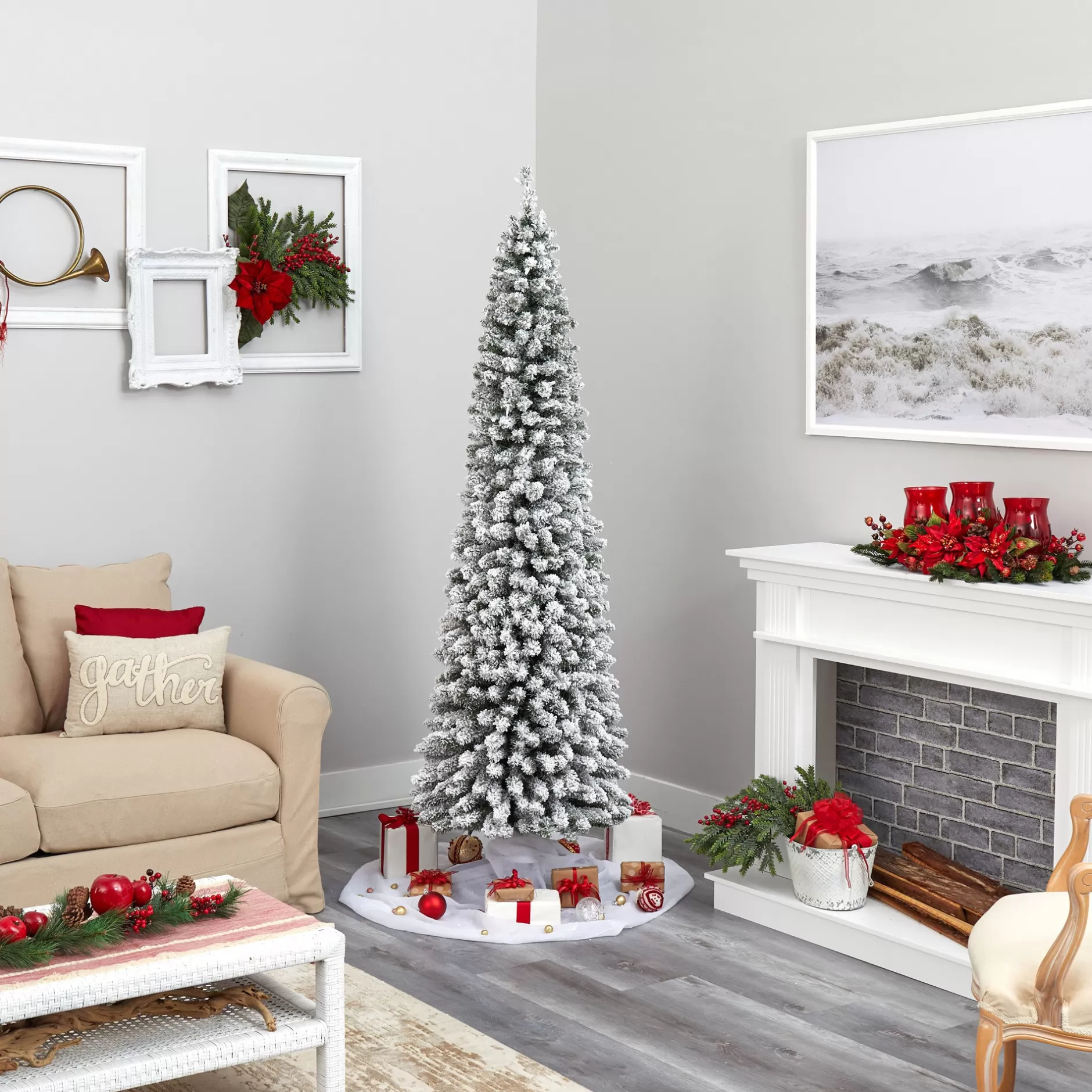 Hot 7' Pre-Lit Pencil Slim Flocked Artificial Christmas Tree, Warm Clear Led Lights Pre-Lit