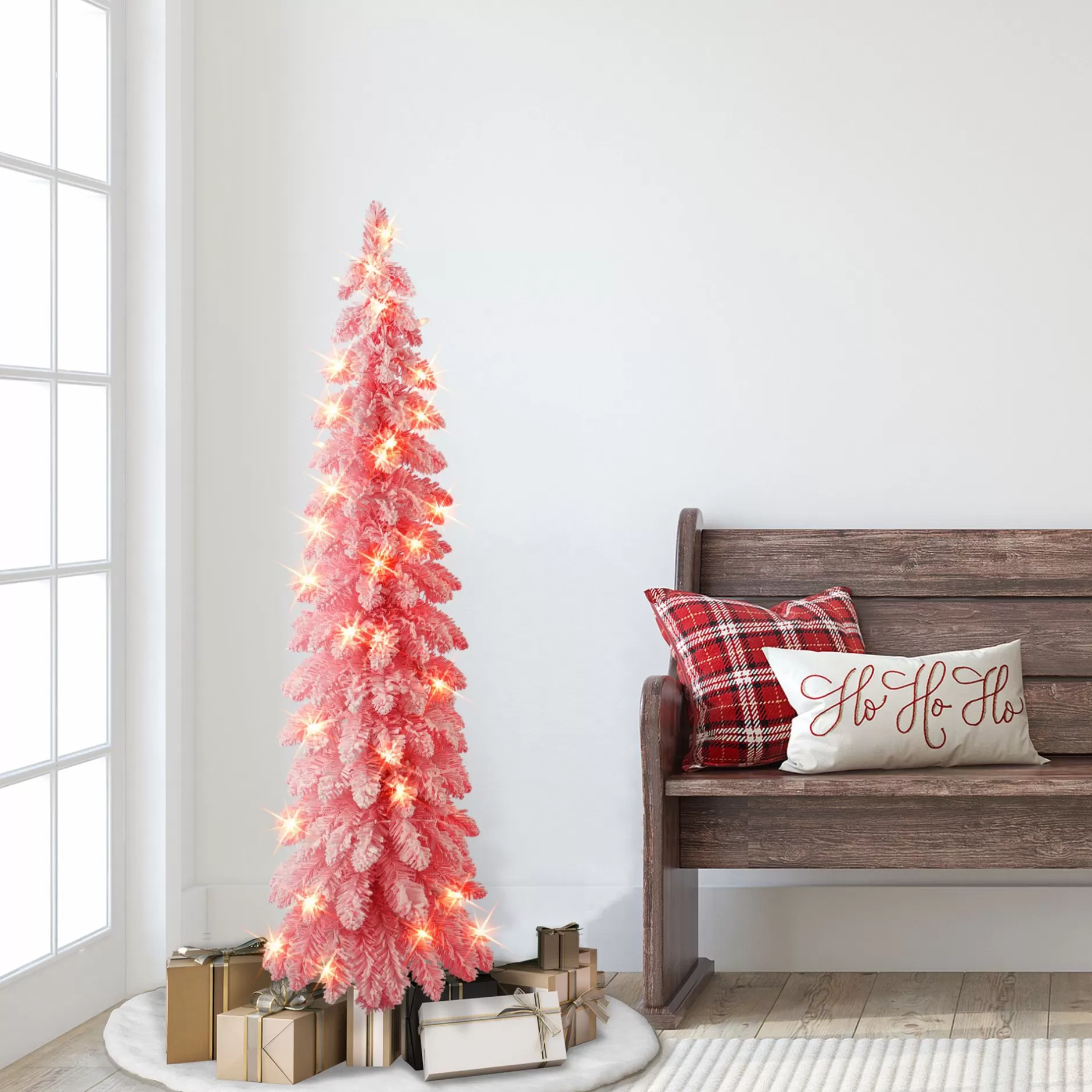 Best 4' Pre-Lit Pink Flocked Artificial Christmas Pencil Tree, Clear Lights Pre-Lit