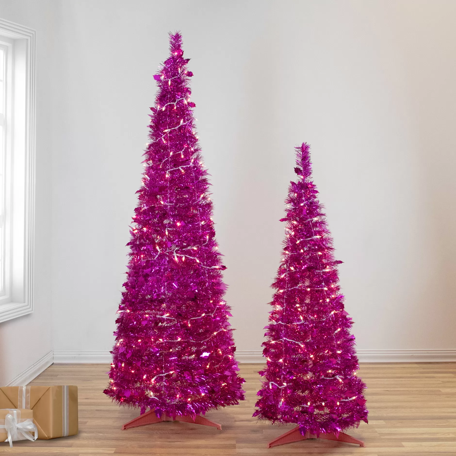 Best 4' Pre-Lit Pink Tinsel Pop-Up Artificial Christmas Tree, Clear Lights Pop Up