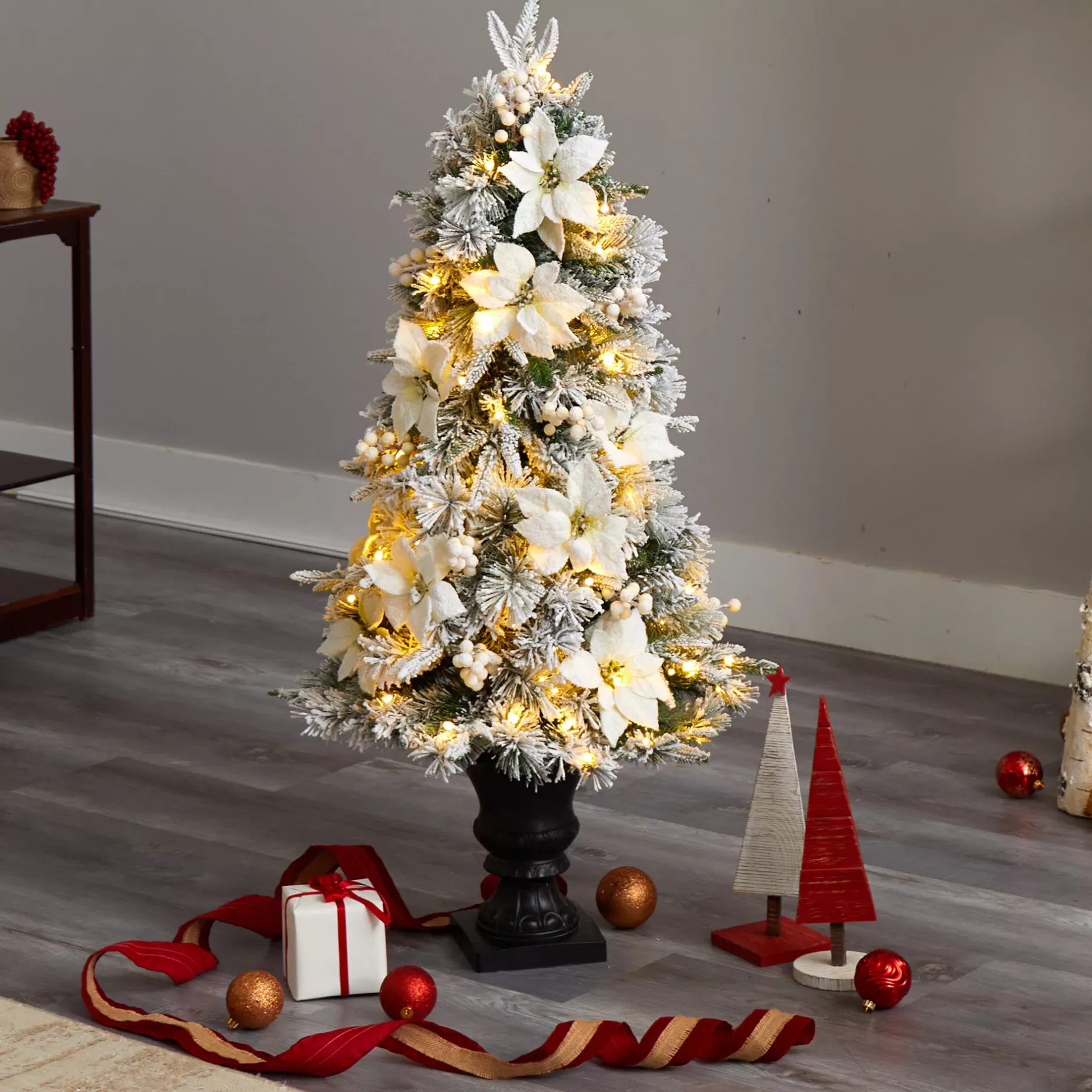 Online 4' Pre-Lit Potted Flocked Artificial Christmas Tree, Warm White Lights Flocked