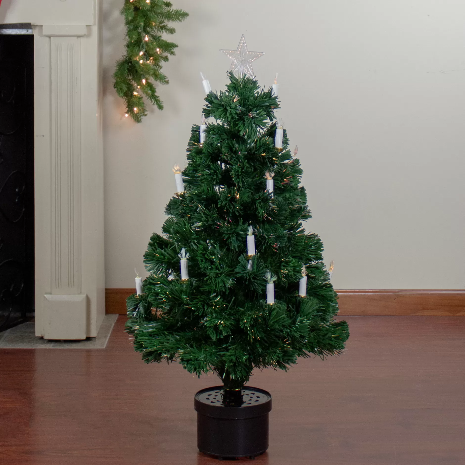Sale 3' Pre-Lit Potted Medium Artificial Christmas Tree With Candles - Multi Color Lights Fiber Optic