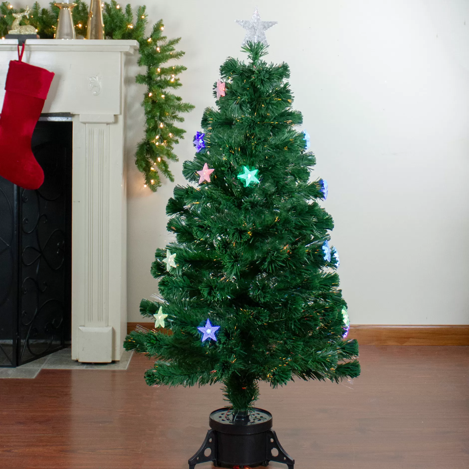 Best 4' Pre-Lit Potted Medium Pine Color Changing Star Artificial Christmas Tree - Multi-Color Fiber Optic Led Lights Fiber Optic