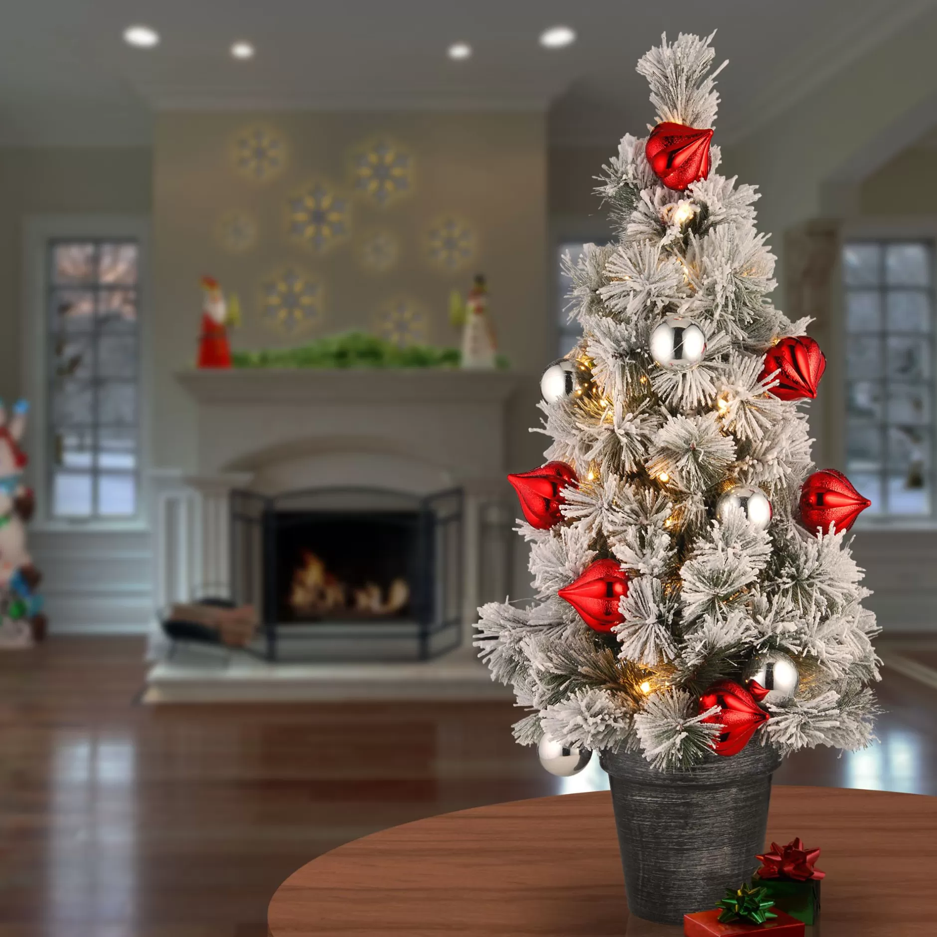 New 3' Pre-Lit Potted Snowy Bristle Pine Medium Artificial Tabletop Christmas Tree - Warm White Led Lights Potted