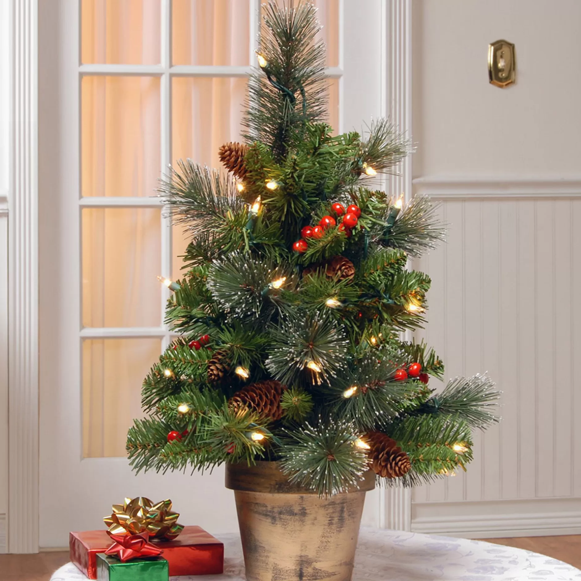 Best 2' Pre-Lit Potted Vibrantly Colored Crestwood Spruce Artificial Christmas Tree – Clear Lights Potted