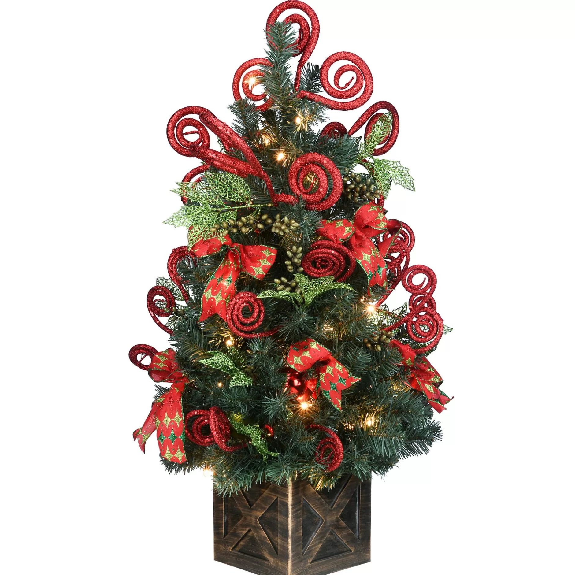 Outlet 4' Pre-Lit Red Ribbon Ornamented Artificial Christmas Tree - Clear Lights Pre-Lit