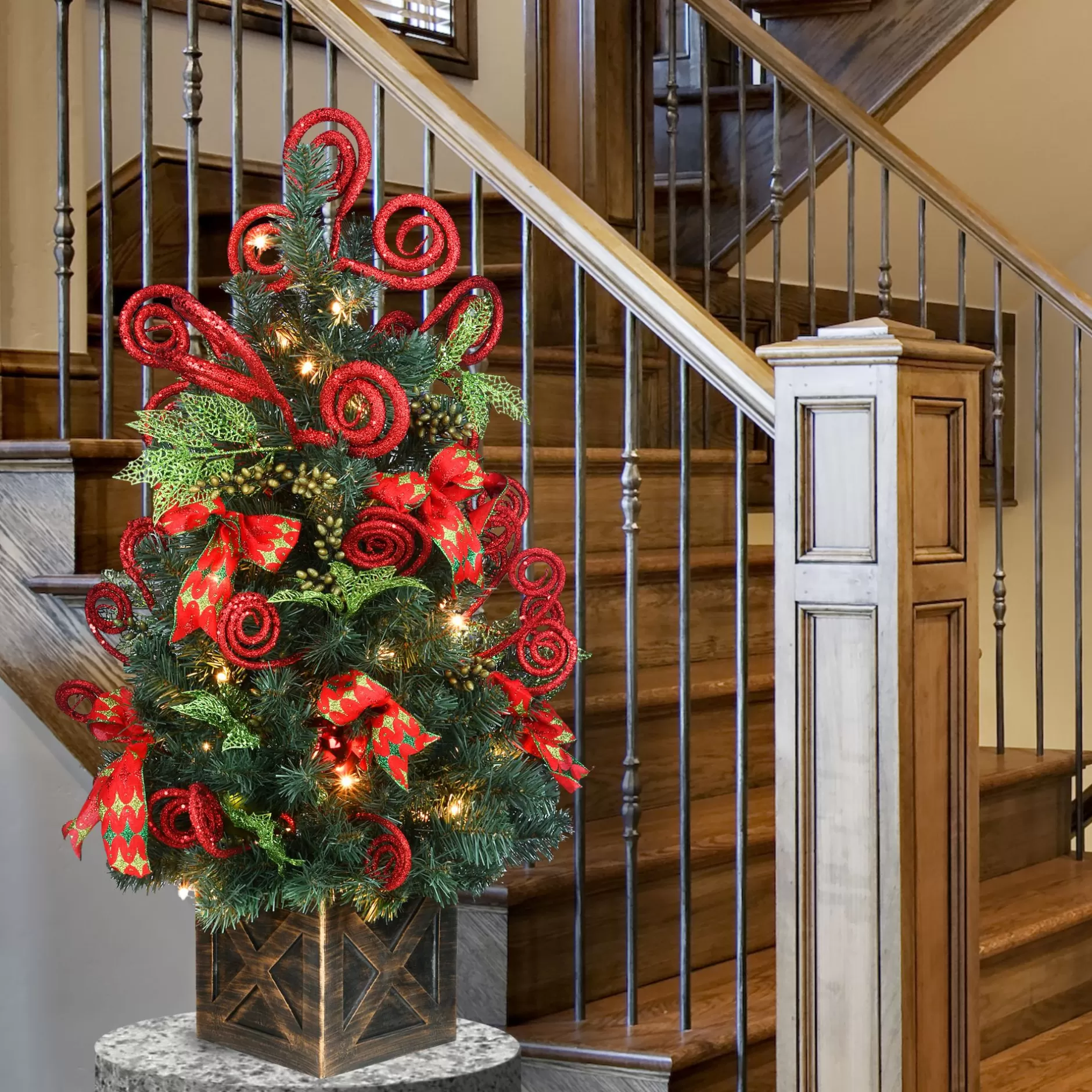 Outlet 4' Pre-Lit Red Ribbon Ornamented Artificial Christmas Tree - Clear Lights Pre-Lit