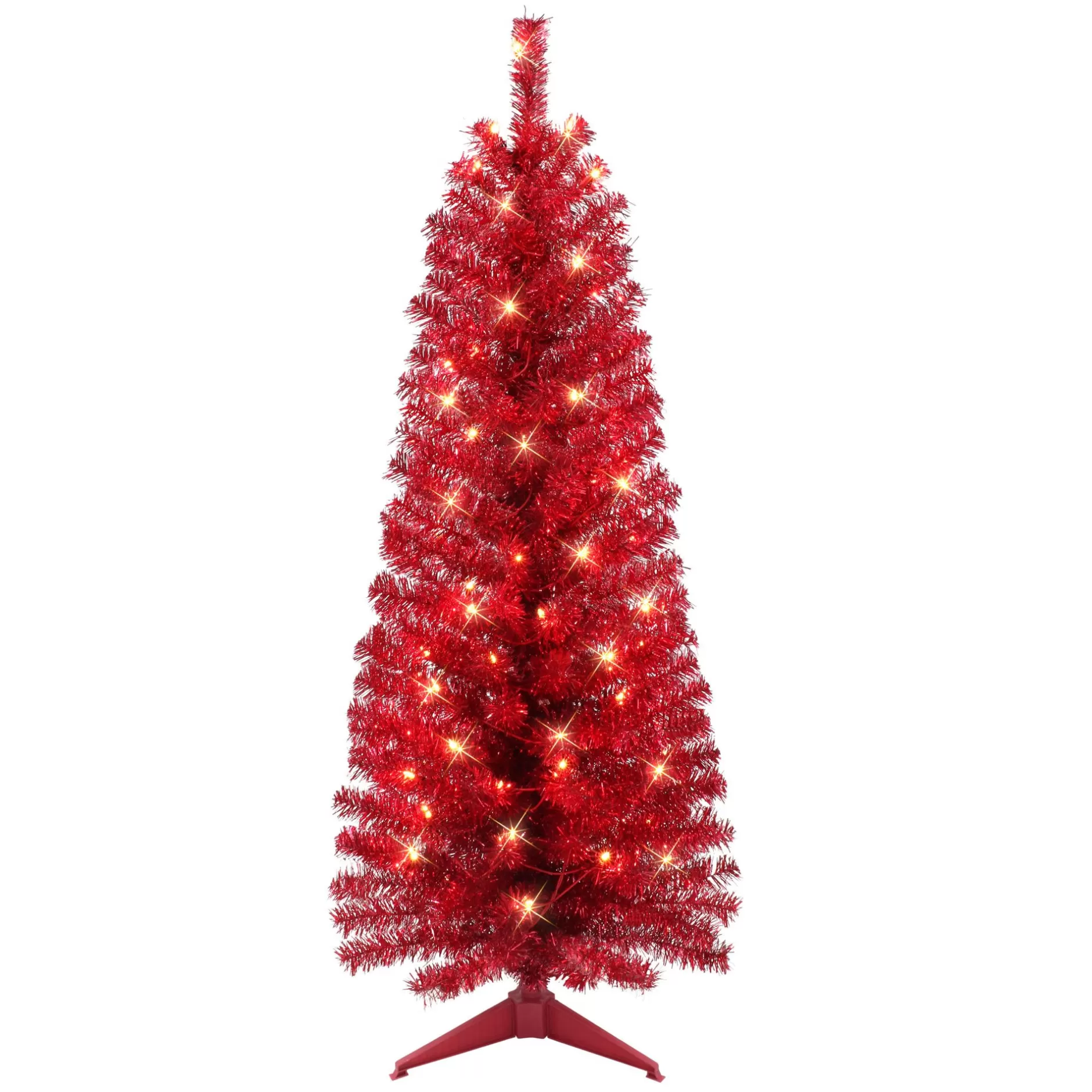 Shop 4.5' Pre-Lit Red Tinsel Slim Artificial Christmas Tree, Clear Lights Pre-Lit