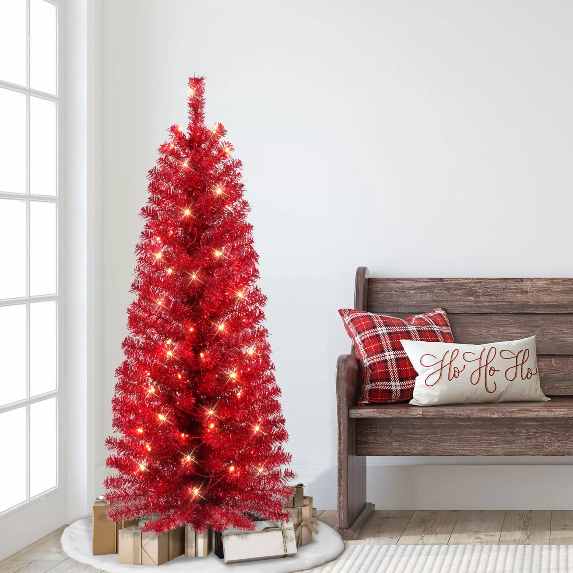 Shop 4.5' Pre-Lit Red Tinsel Slim Artificial Christmas Tree, Clear Lights Pre-Lit