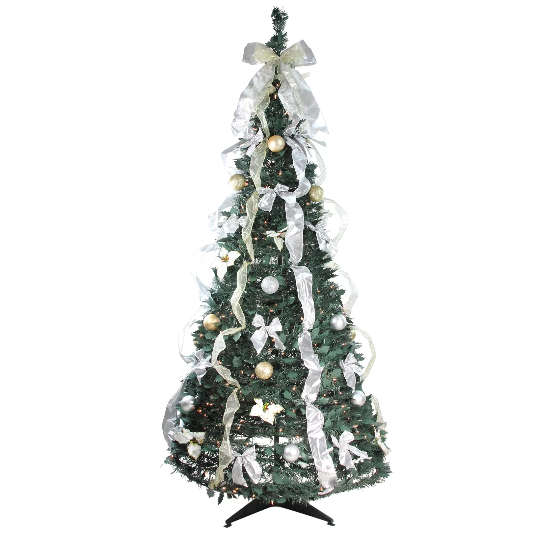 Store 6' Pre-Lit Silver And Gold Pre-Decorated Pop-Up Artificial Christmas Tree, Clear Lights Pop Up