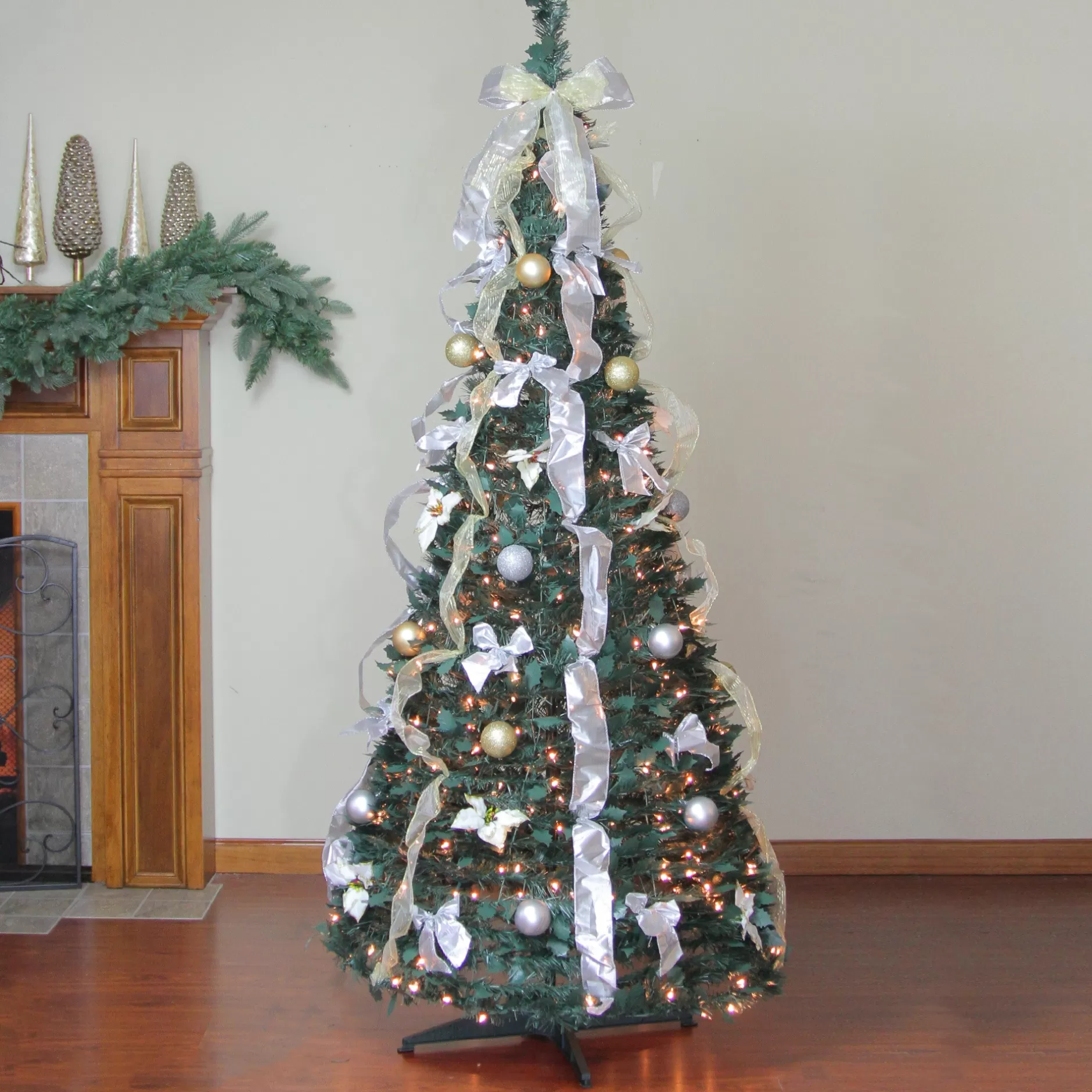Store 6' Pre-Lit Silver And Gold Pre-Decorated Pop-Up Artificial Christmas Tree, Clear Lights Pop Up
