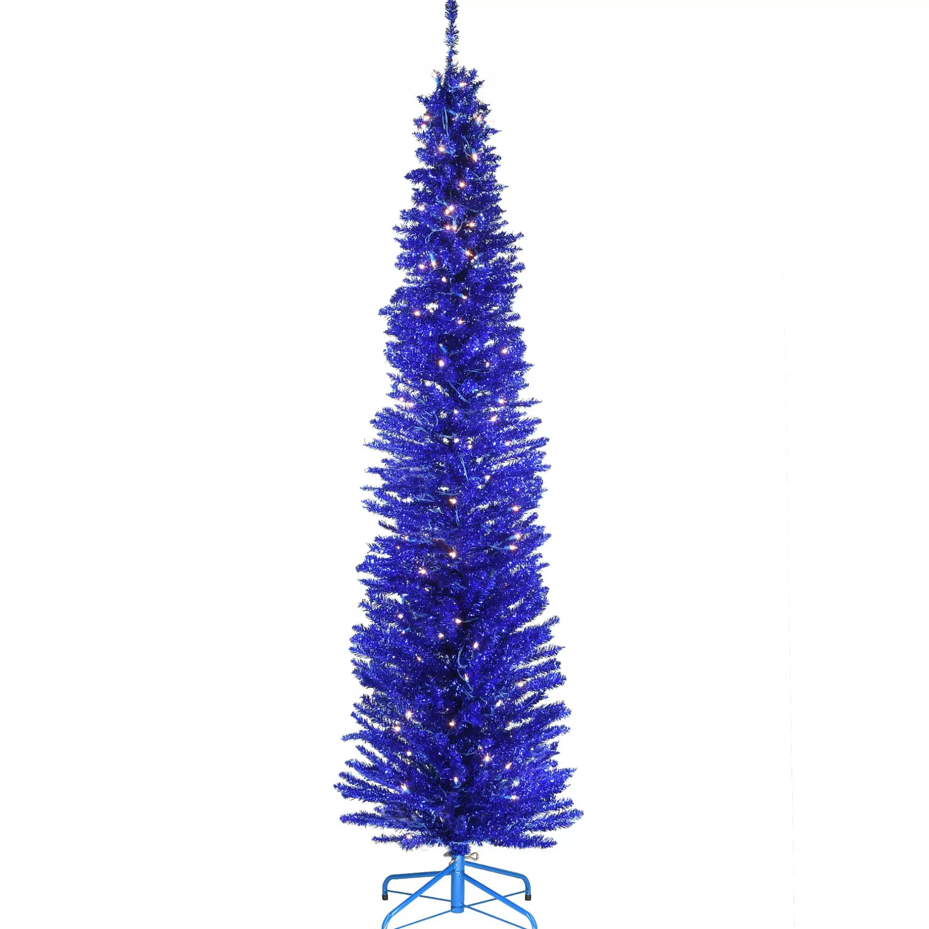 Cheap 7' Pre-Lit Slim Blue Tinsel Artificial Christmas Tree, White Lights Colorful