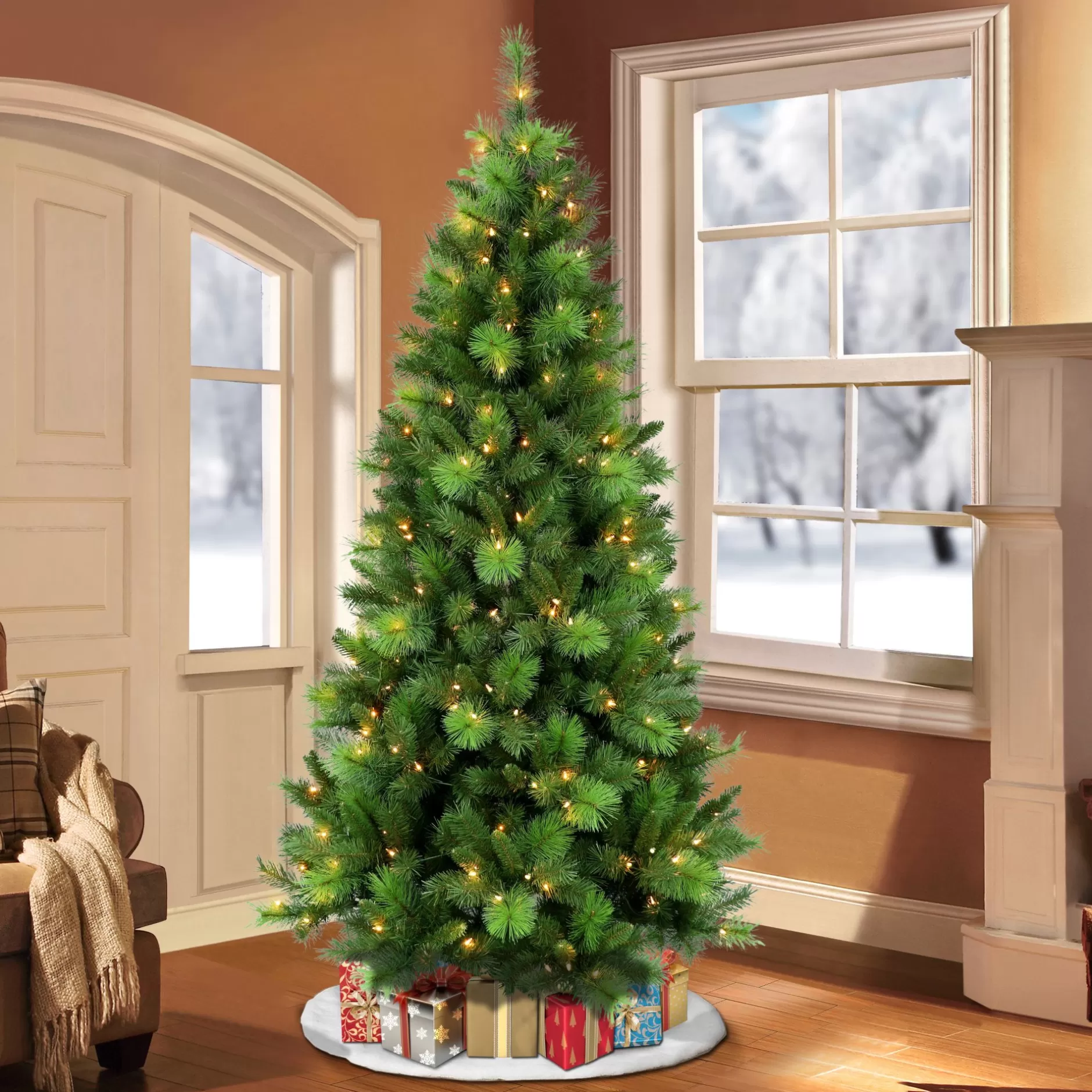 Outlet 4.5' Pre-Lit Slim Flocked Aspen Fir Artificial Christmas Tree, Clear Lights Flocked