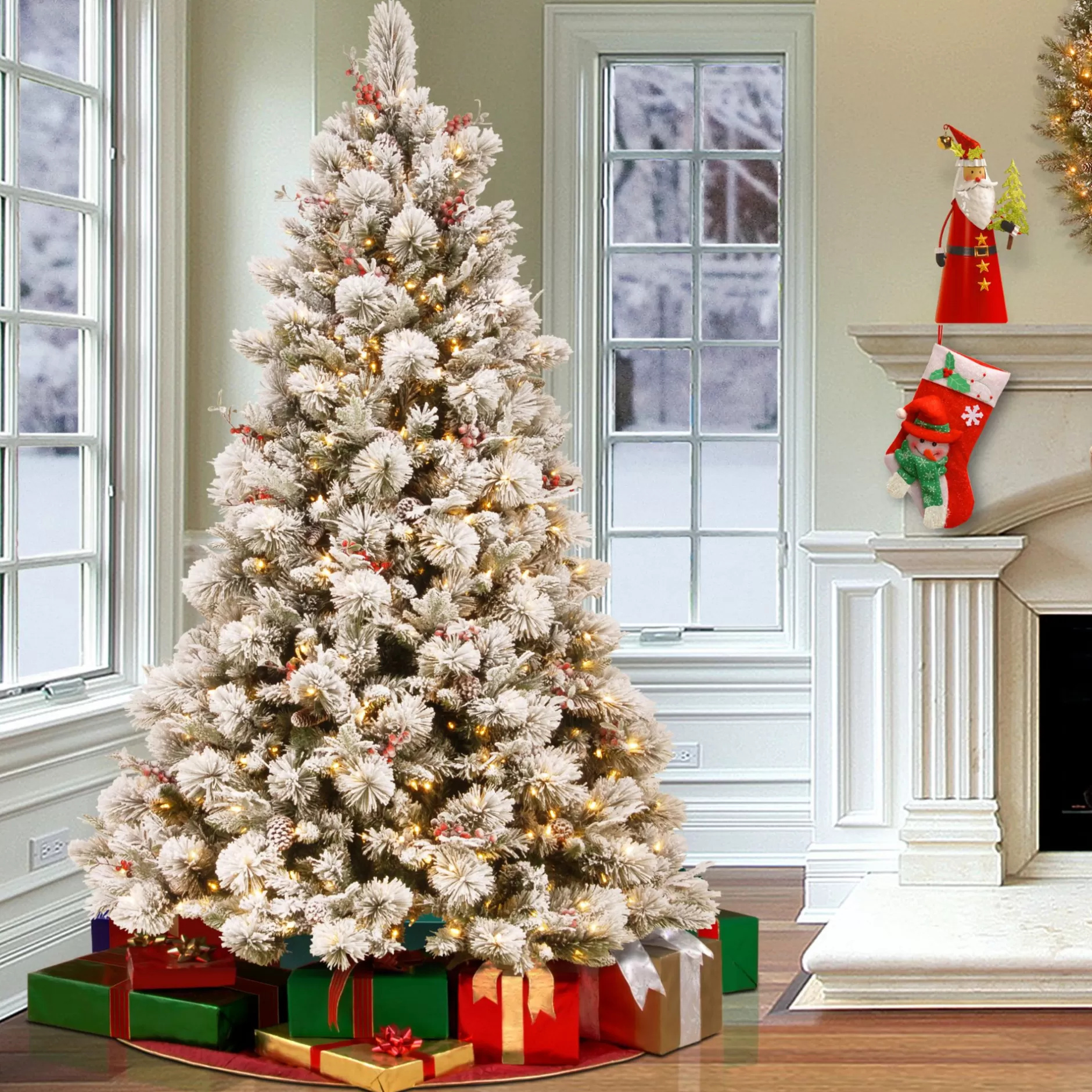 Best 7.5' Pre-Lit Snowy Bedford Pine Artificial Christmas Tree - Clear Lights Flocked