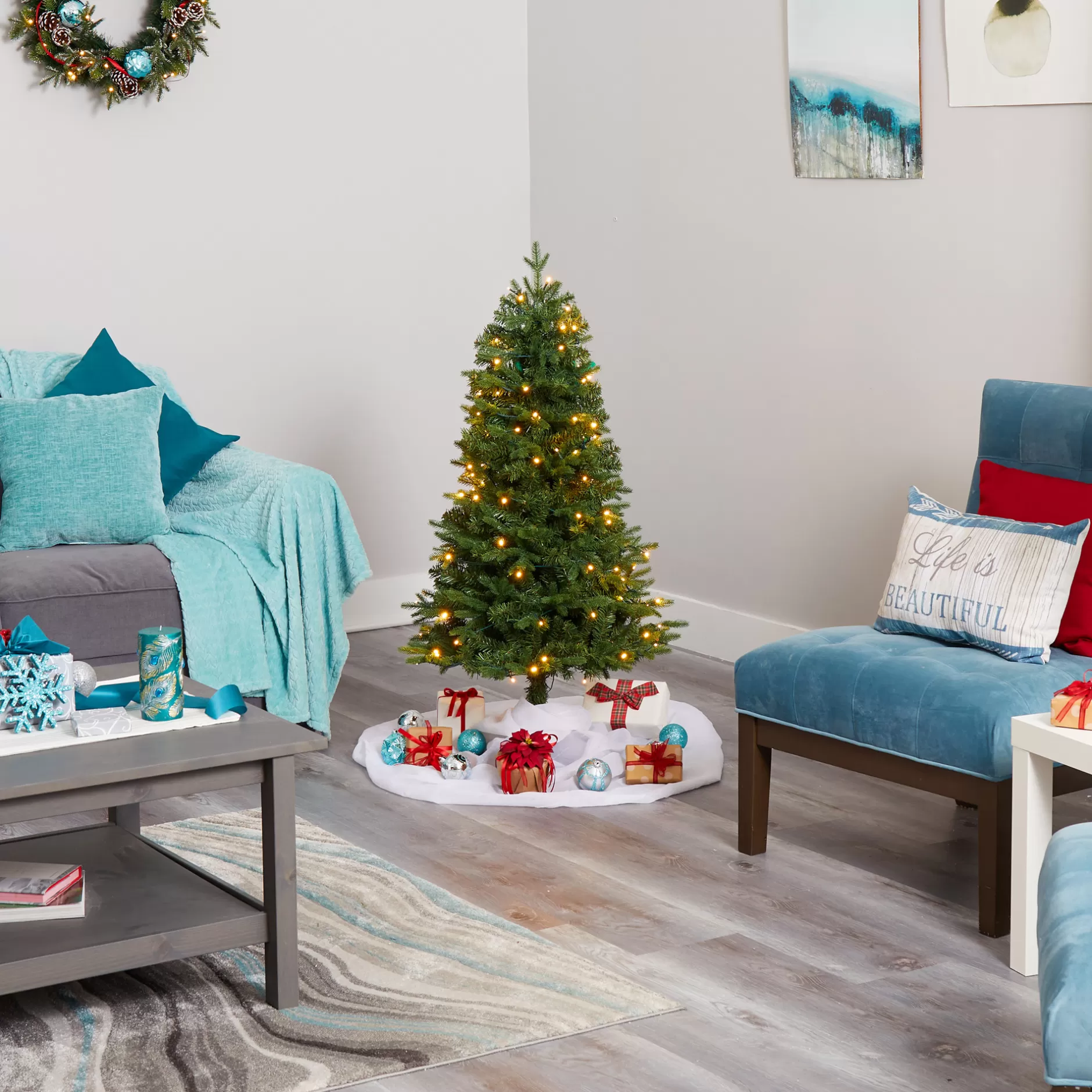 Flash Sale 4' Pre-Lit Vermont Fir Artificial Christmas Tree, Warm Clear Led Lights Pre-Lit