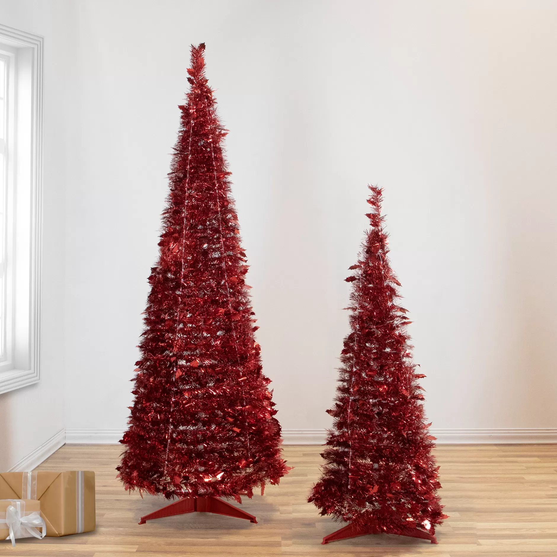 Cheap 4' Red Tinsel Pop-Up Artificial Christmas Tree, Unlit Pop Up