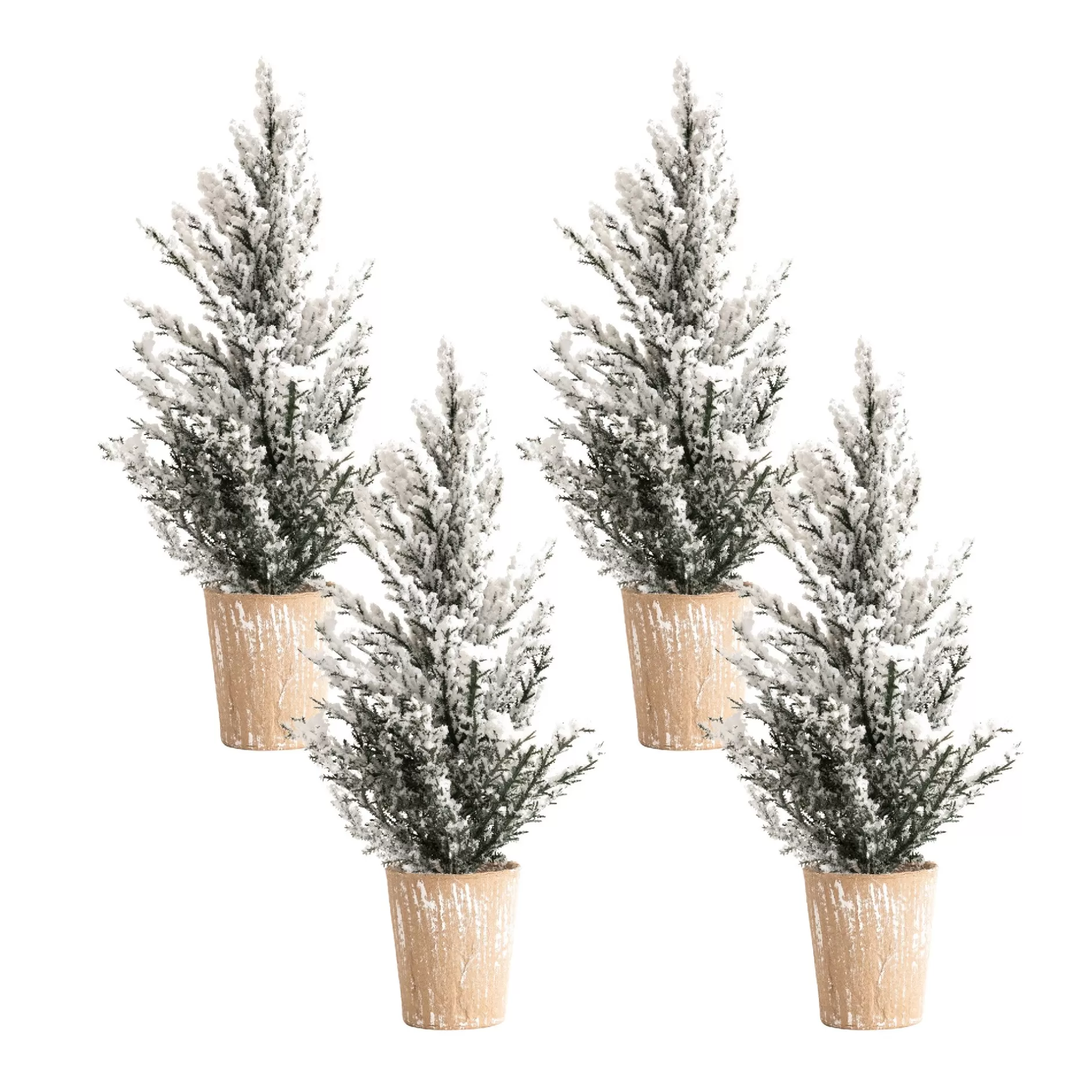 New Set Of 4 Potted Snowy Pine Artificial Christmas Trees, Unlit Potted