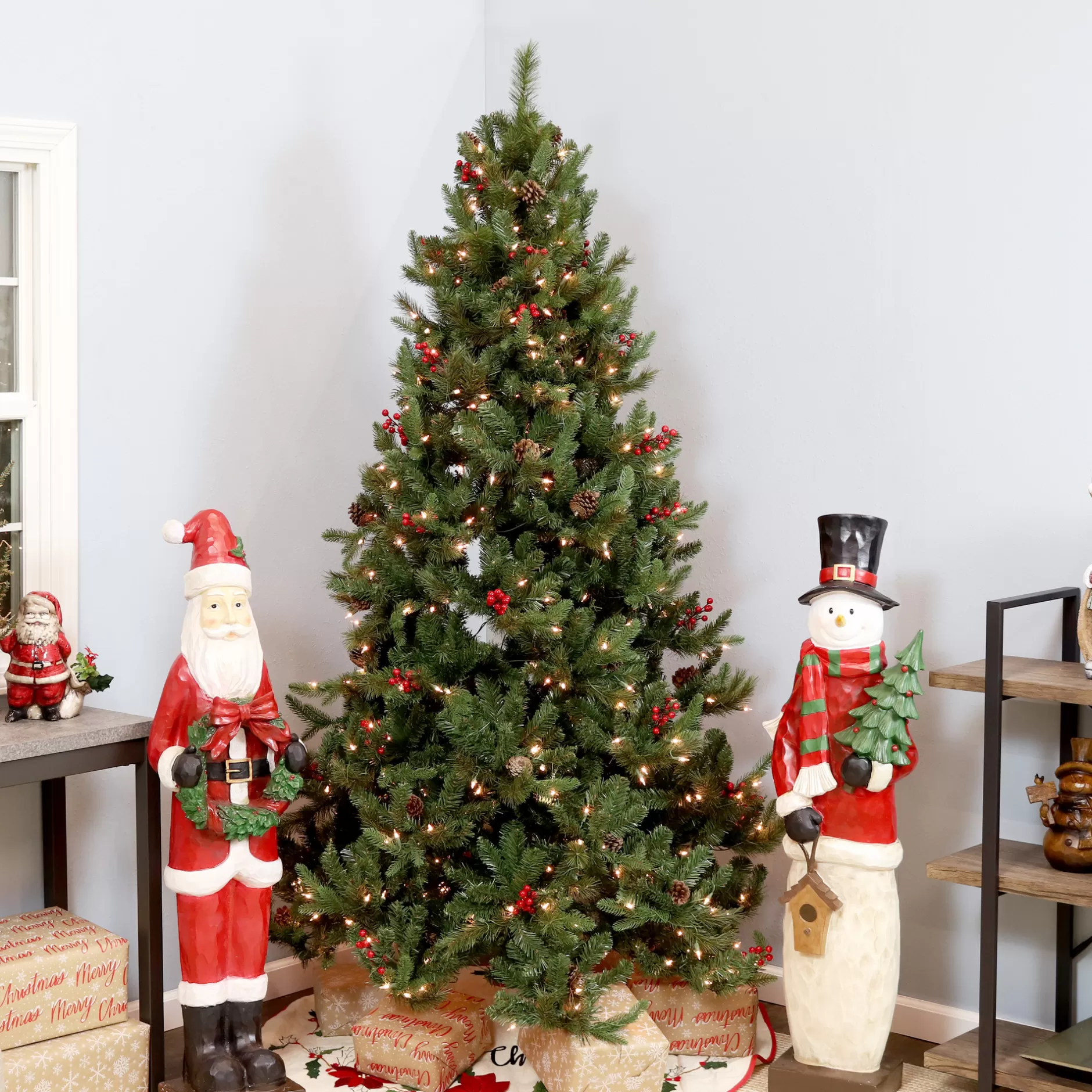 New Sunnydaze Merry Berries Pre-Lit Artificial Christmas Tree - 7' H - Green Pre-Lit