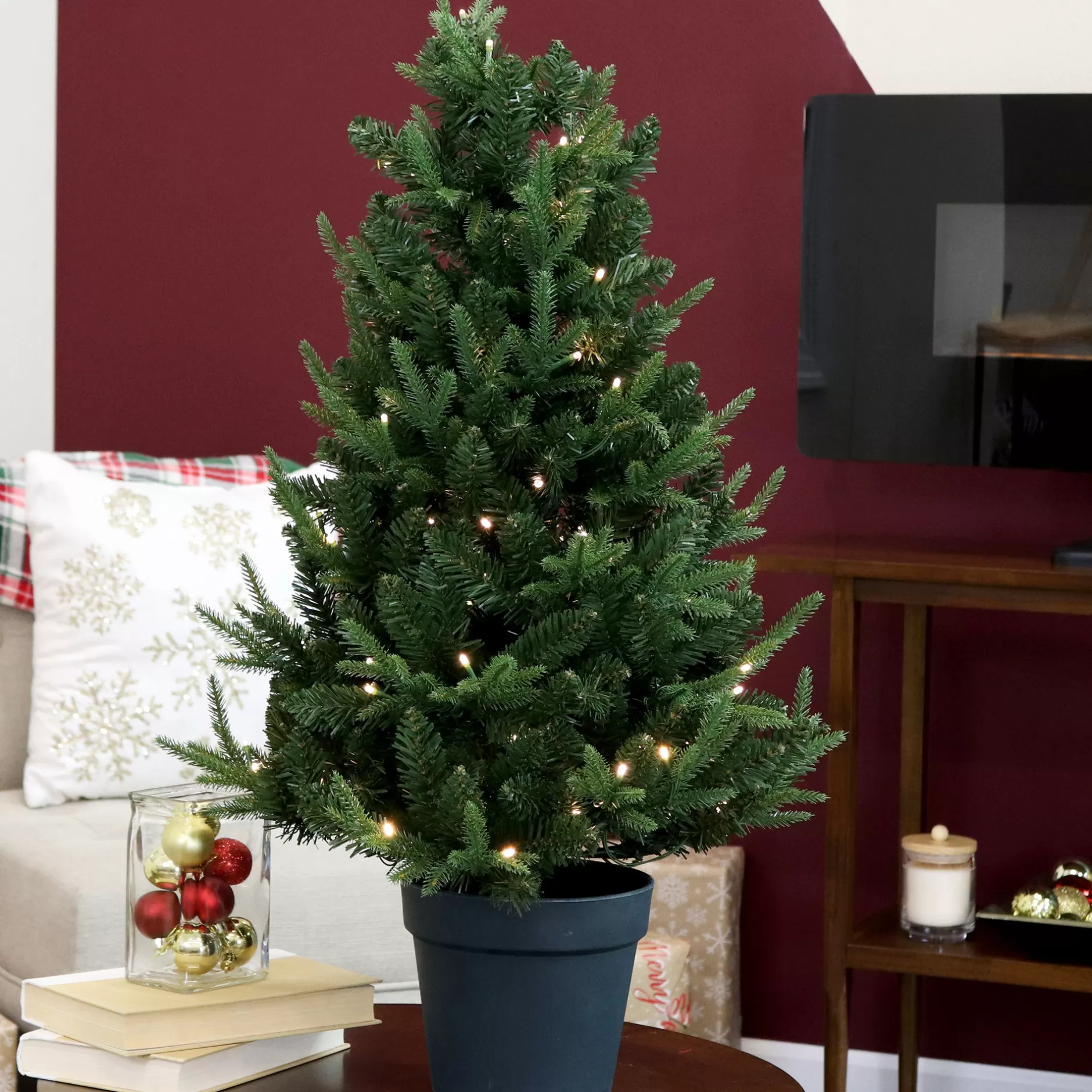New Sunnydaze Pre-Lit Artificial Christmas Tree With Base - 100 Battery-Operated Led Lights - 3-Foot Pre-Lit