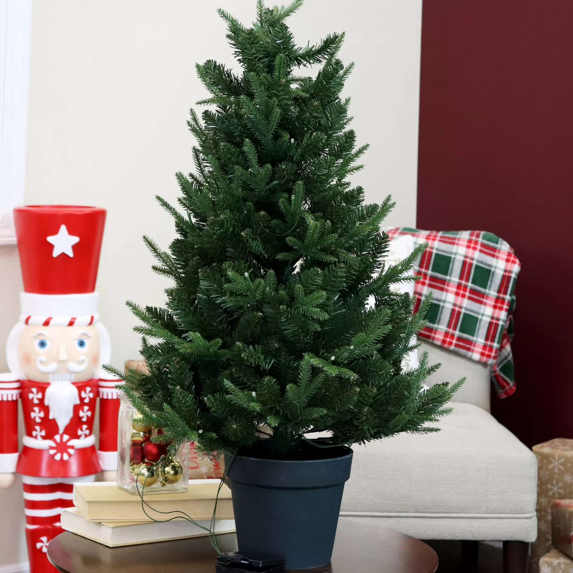 New Sunnydaze Pre-Lit Artificial Christmas Tree With Base - 100 Battery-Operated Led Lights - 3-Foot Pre-Lit