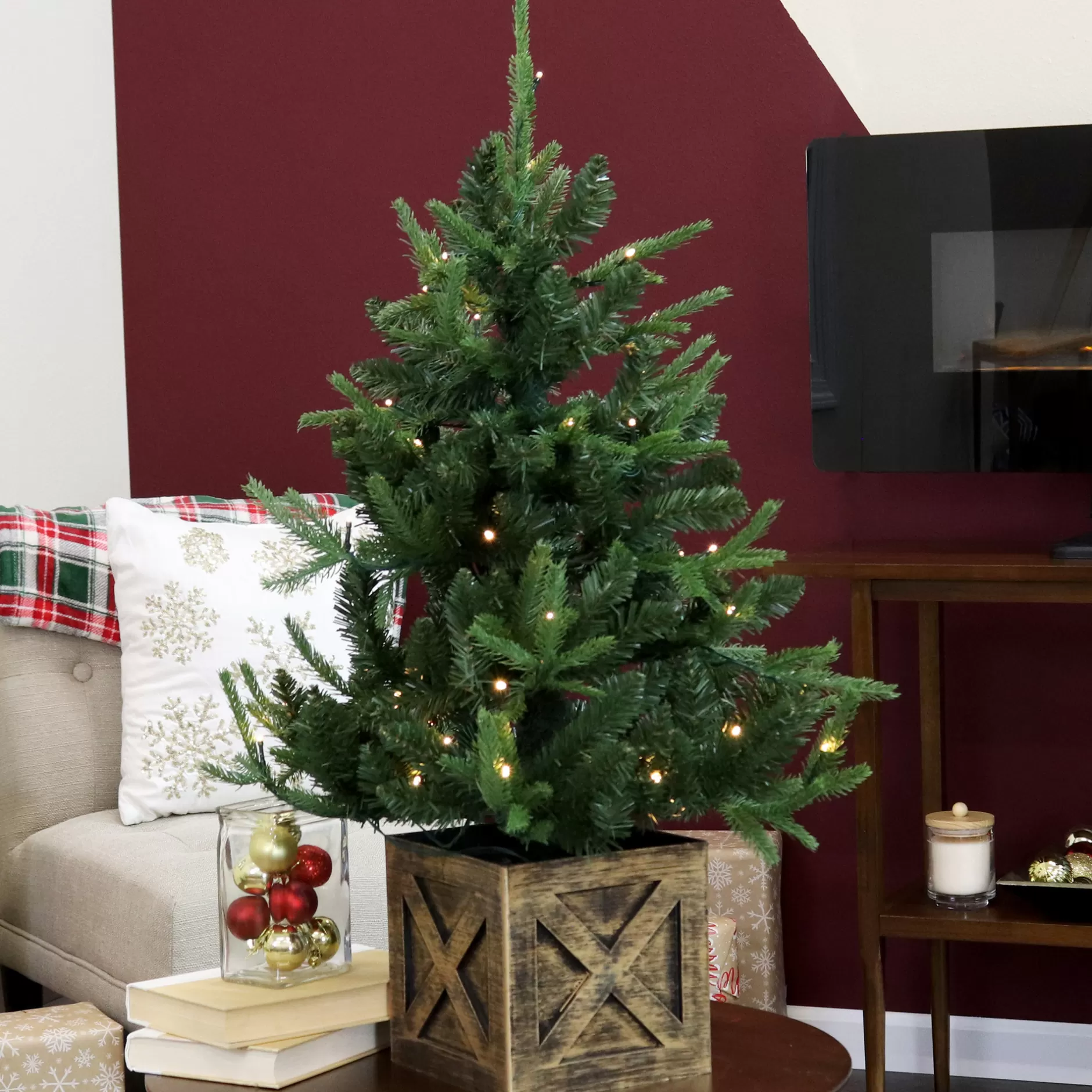 Cheap Sunnydaze Pre-Lit Farmhouse Artificial Fir Christmas Tree With Base - 50 Battery-Operated Led Lights - 3-Foot Pre-Lit