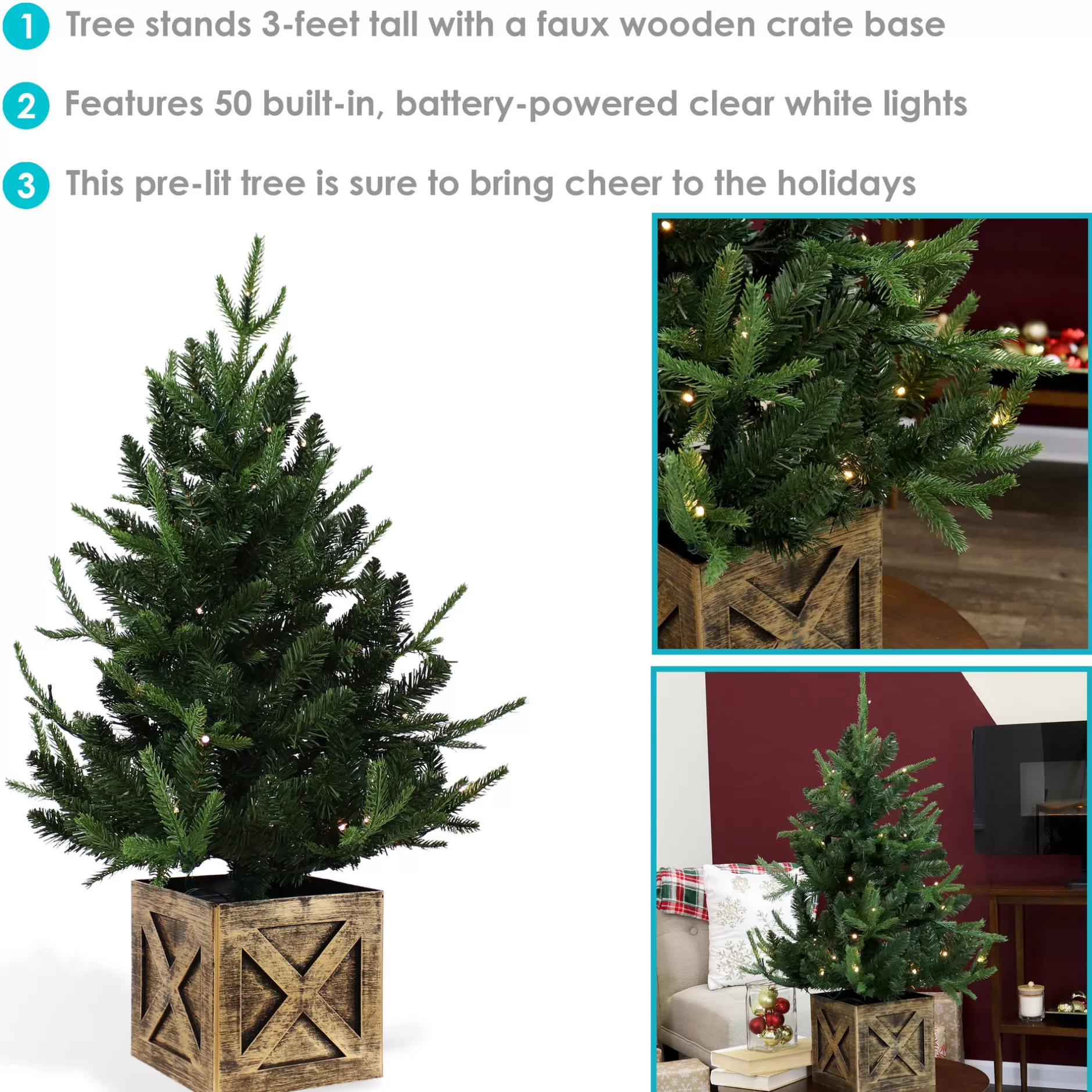Cheap Sunnydaze Pre-Lit Farmhouse Artificial Fir Christmas Tree With Base - 50 Battery-Operated Led Lights - 3-Foot Pre-Lit