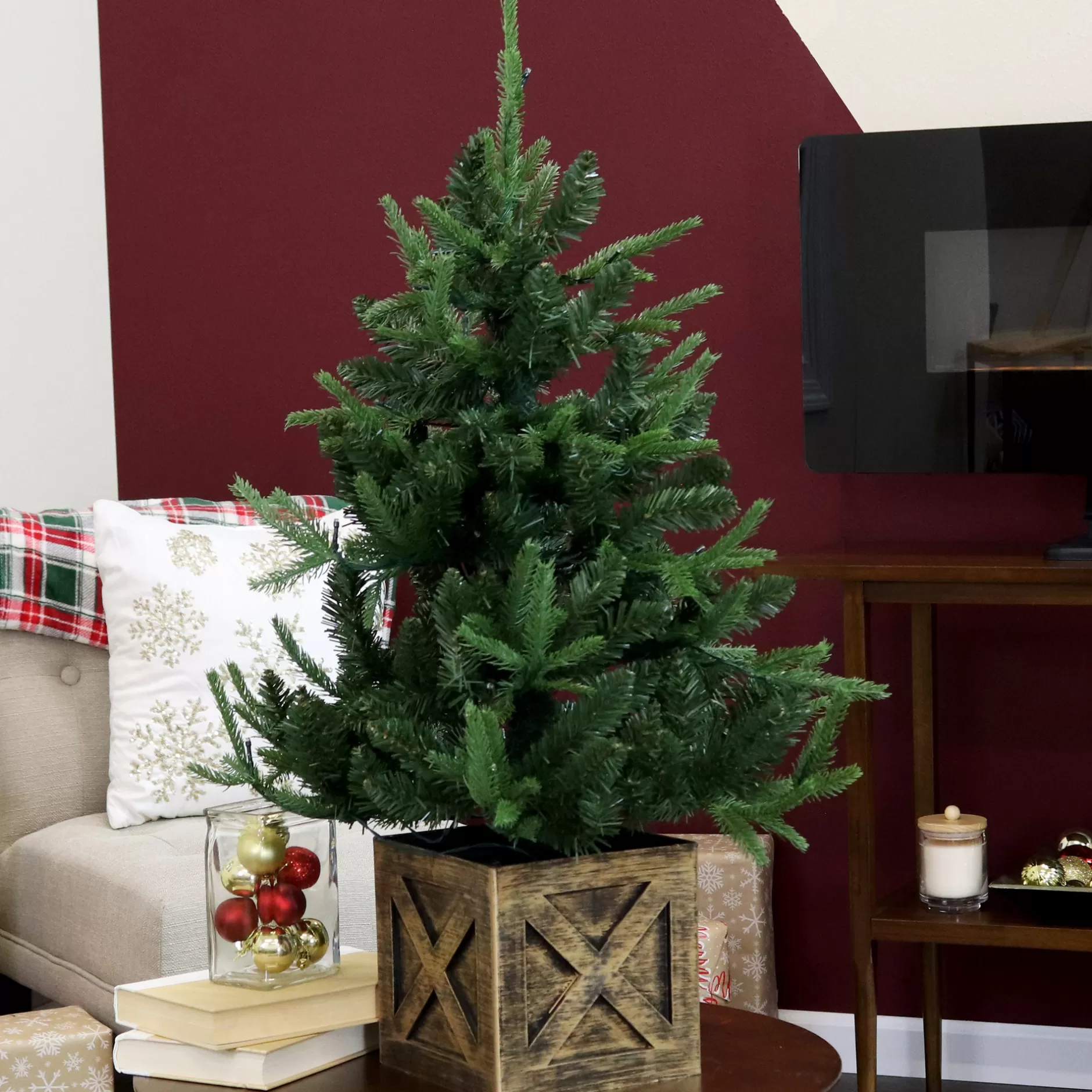 Cheap Sunnydaze Pre-Lit Farmhouse Artificial Fir Christmas Tree With Base - 50 Battery-Operated Led Lights - 3-Foot Pre-Lit